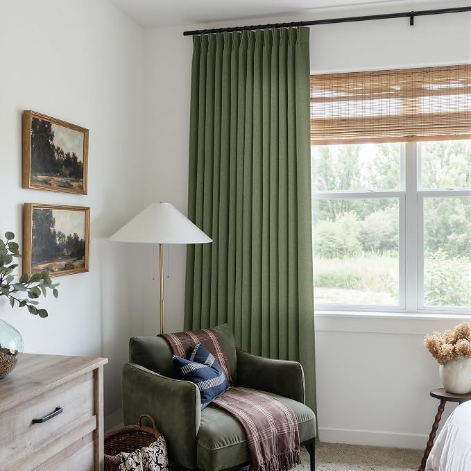Pinch Pleat Green Curtains 86 Inch Long for Living Room Patio Sliding Door Thick Linen Pleated Drape Back Tab Hooks Rings Semi Sheer Light Filtering Olive Loden Curtain for Ceiling Floor Bedroom