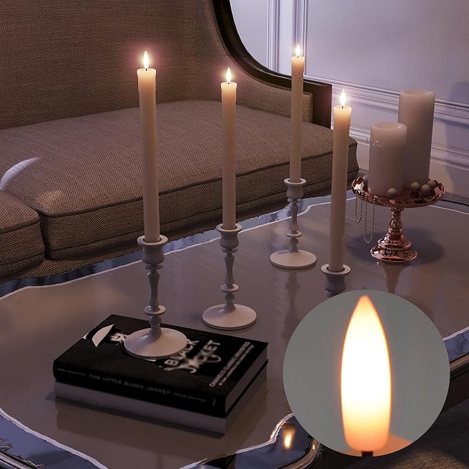 Rechargeable Flameless Taper Candles with Remote, Charging Station, 6 Pcs | 0.78x9.6" Ivory wax LED tapers, 3D flicker, USB-C charging base, up to 160-hour runtime for Home Wedding Christmas Decor