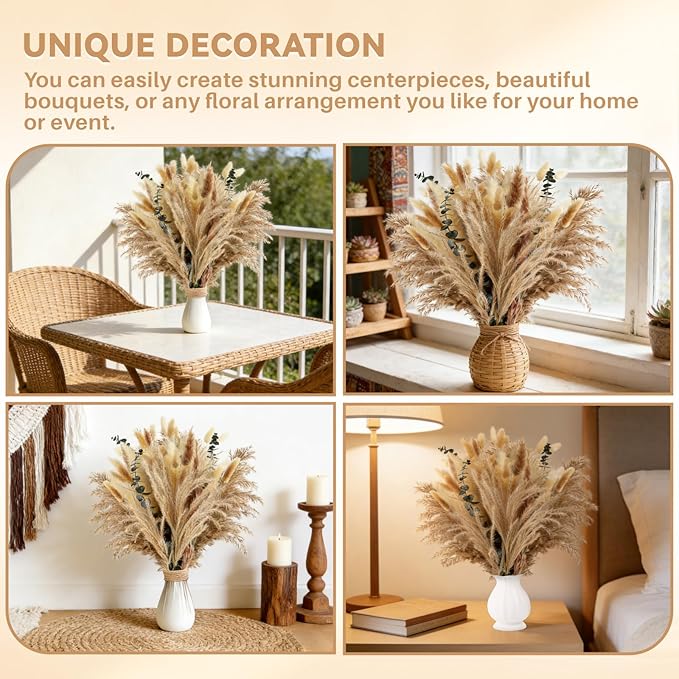 710Pcs Natural Dried Pampas Grass Decor, 9 Types Dried Flowers for Vase, Boho Pampas Bouquet for Wedding, Party, Centerpiece Table, Modern Home, Western Living Room, Nursery, Farmhouse Decor 17''