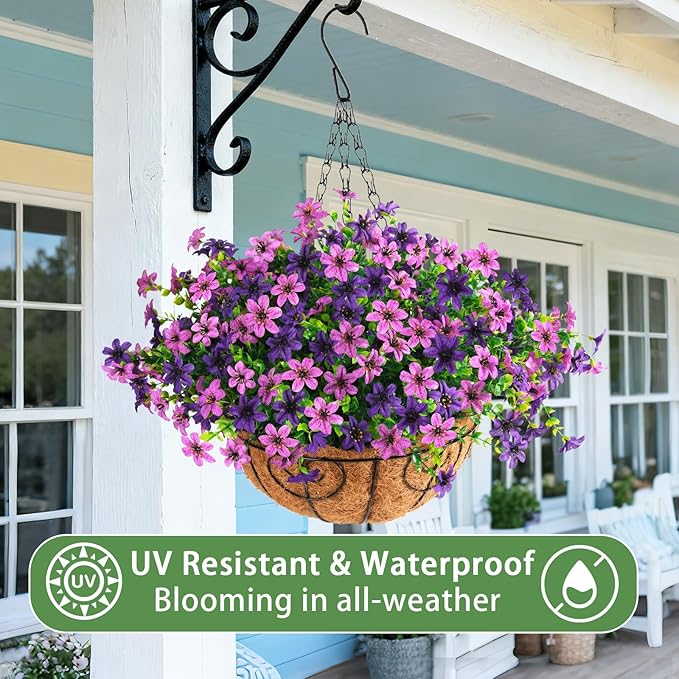 Artificial Flowers Fake Hanging Baskets for Outdoor Spring Summer Decoration, 12 Bundles Faux Hanging Plants UV Resistant, Realistic Silk Flowers for Outside Planters Porch Patio Balcony Yard Garden