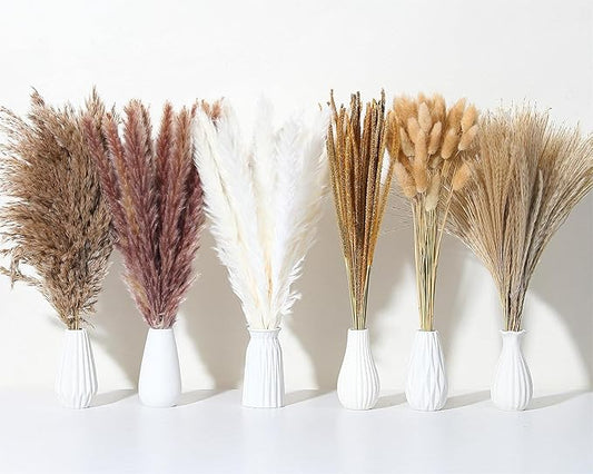 Wertuirk 135Pcs Dried Pampas Grass Decor, Boho Home Decor, Mini Bunny Tails Dried Flowers, Fluffy Pompous Grass Bouquet Bulk for Wedding, Table, Rustic Party, Baby Shower Decorations