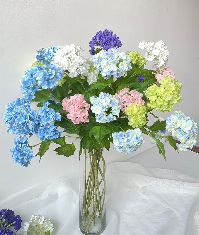 YalzoneMet 4 Pcs Artificial Snowball Viburnum Hydrangea Flower 26.8'' Blue Small Real Touch Faux Latex Long Stem for Christmas Home Decoration Xmas Table