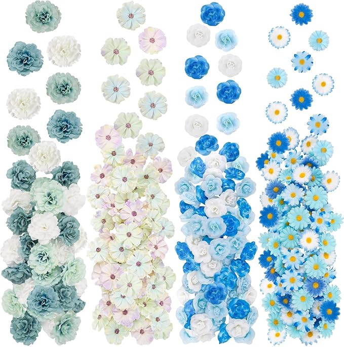 ATTGREAT 310 Pcs Fake Flower Heads Mini Artificial Flower Bulk Silk Flowers for Decoration Small Faux Flower Heads Fabric Daisy Buds Floral for Crafts DIY Wedding Party Baby Shower Home Decor, Blue