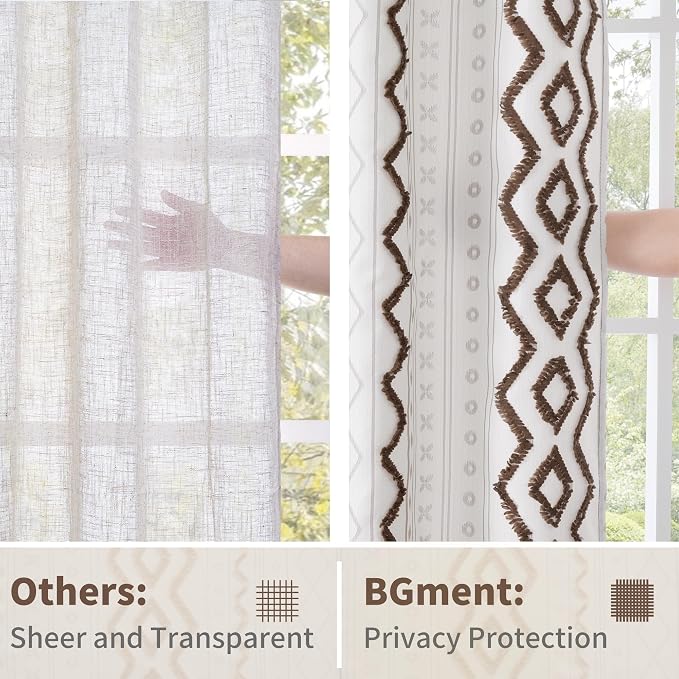 BGment Brown Linen Curtains with Jacquard Geometric, Boho Tufted Pom Stripe Pattern Drapes for Bedroom Living Room Light Filtering, 2 Panels Set, 52 X 96 Inch