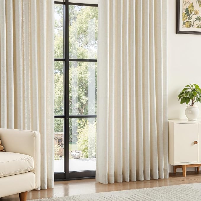 Pinch Pleated Linen 96 inch Long Curtains for Living Room Bedroom 2 Panels Neutral Cream Beige Thick Linen Textured Farmhouse Pleat Curtain with Hooks Rings Back Tab Light Filtering Drapes 8 FT