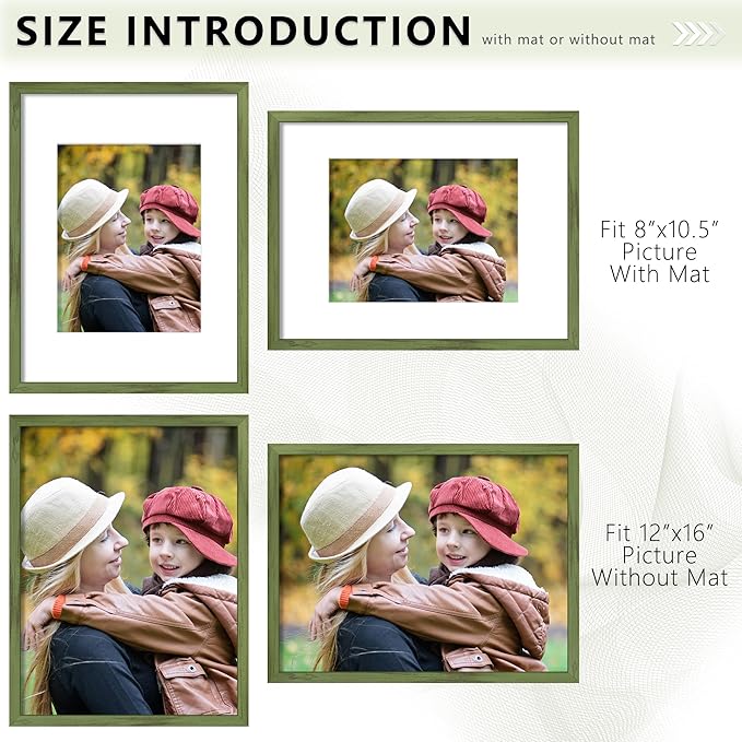 Picrit 12x16 Picture Frame Set of 12, Display 8.5x11 with Mat or 12x16 without Mat, Photo Frames for Wall Mounting Display, Green Wood Grain