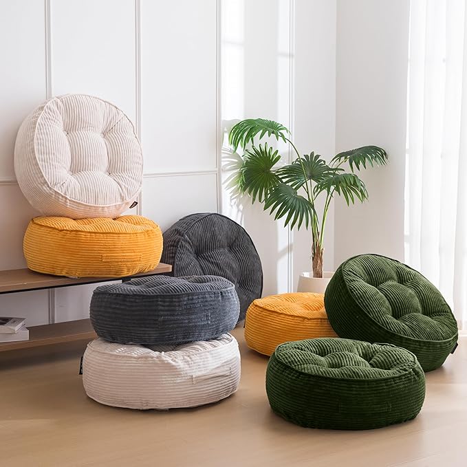 HIGOGOGO 8" Extra Thick Floor Pillow Cushion for Adults, Meditation Cushion Pillow, Large Round Floor Sitting, Tufted Corduroy Cover, for Tatami Living Room or Yoga, 22x22 Inch, 2Pack, Dark Green