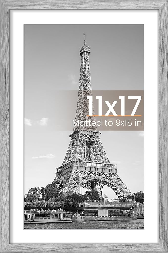 upsimples 11x17 Picture Frame, Display Pictures 9x15 with Mat or 11 x 17 Without, Wall Hanging Poster Frames, Gray, 1 Pack