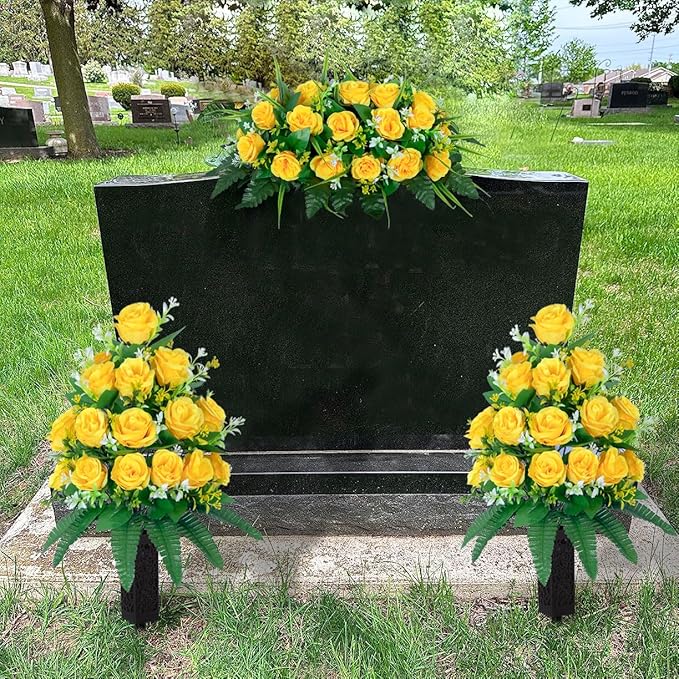 DONODA Cemetery Tombstone Flower Saddle - Outdoor Grave Decorations - Non-Bleed Colors, Rose Combination Flower (Yellow Saddle)