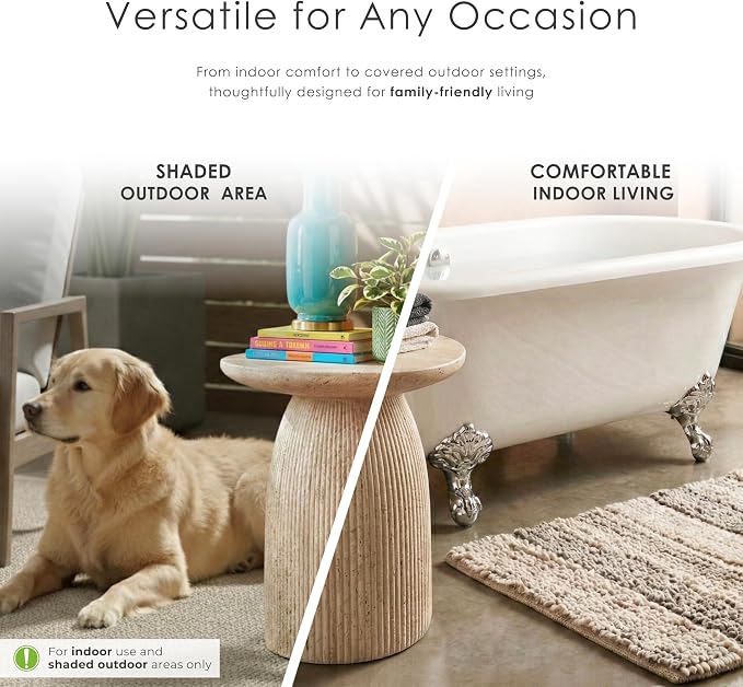 24/7 Shop at Home Ranera Modern 17-inch Natural Stone Side Table with Round Pedestal Base, Marble Nightstand, Fluted Patio End Table, for Living Room, Covered Outdoor Spaces, Light Brown Travertine