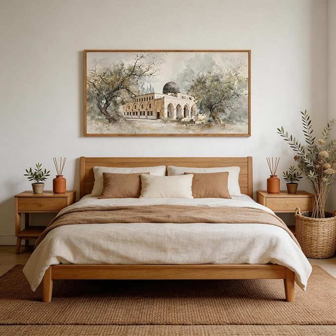 CHDITB Jerusalem Palestine Al Aqsa Mosque with Olive Trees Wall Art Framed, Neutral Modern Middle Eastern Arabic Muslim Gift Canvas Artwork, Large Vintage Islamic Masjid Architecture Painting Decor for Living Room Office (40"L x 20"W)