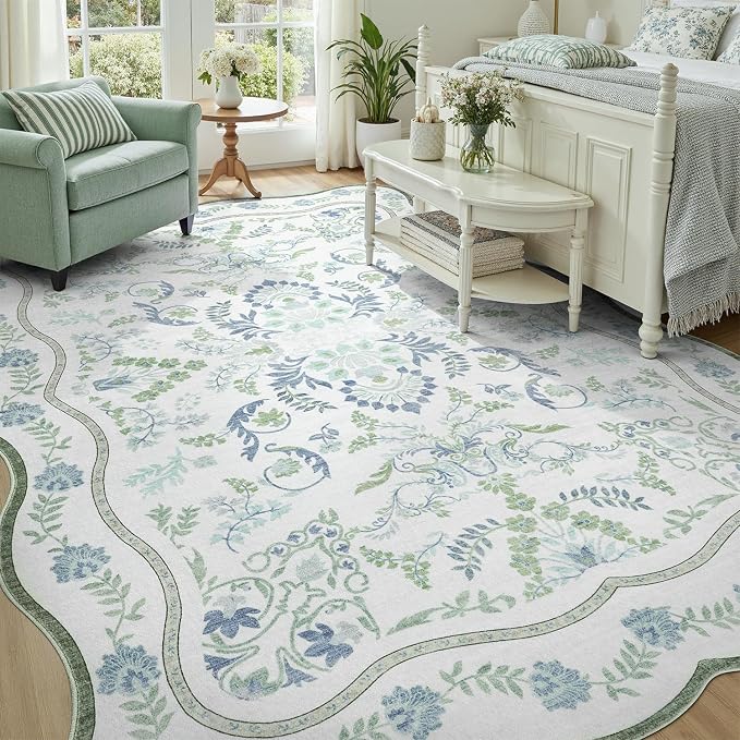 DCX Green and Blue 6x9 Rug, Kid & Pet Friendly with Rubber Back Non Slip, Washable Stain Resistant Botanical Scalloped Rug for Living Room, Bedroom, Soft Low Pile Large Nursery Carpet
