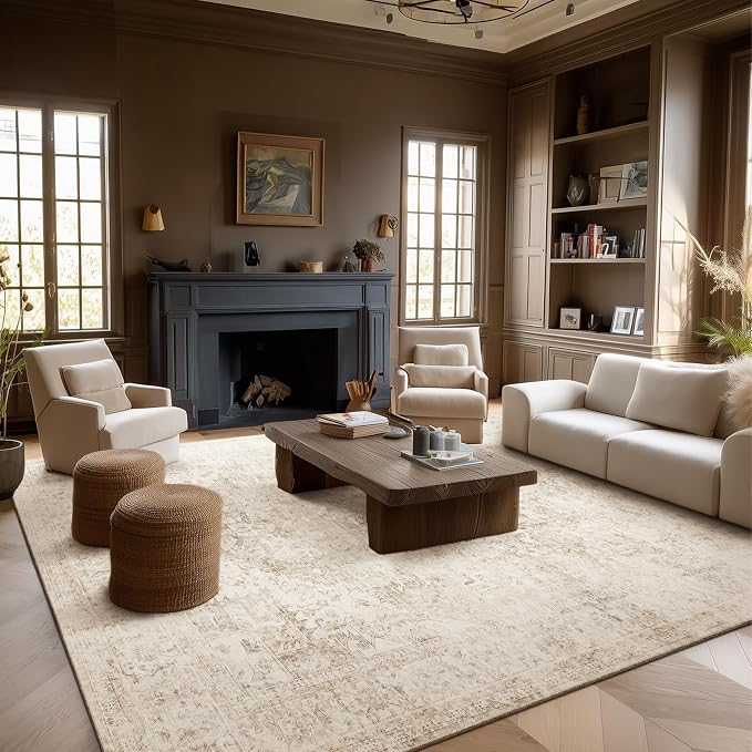 Machine Washable Rugs for Living Room: 8x10 Area Rugs for Bedroom Ultra Soft Non-Slip Low Pile Vintage Distress Boho Large Carpet for High-Traffic Dining Room - Farmhouse Decor