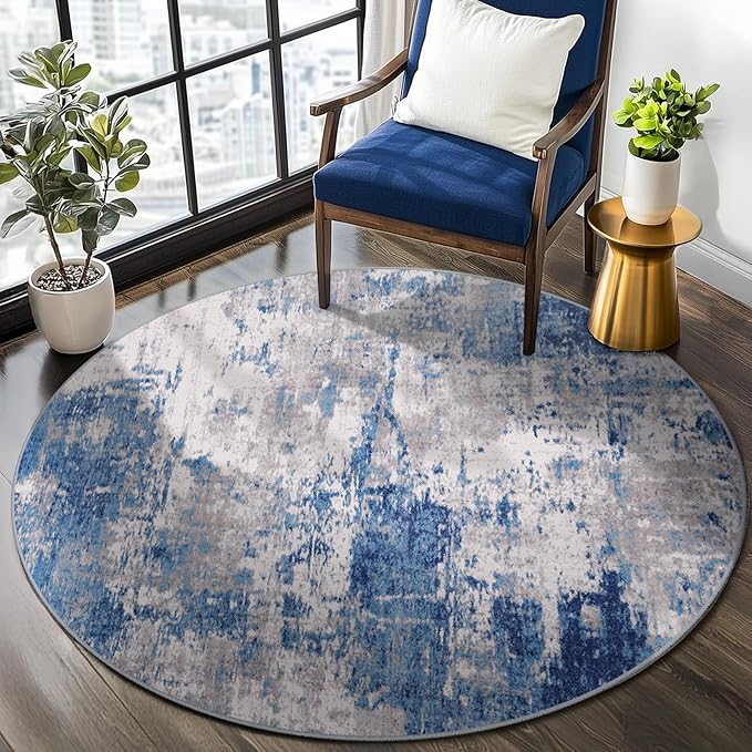 RELEANY Washable Area Rugs 8ft Non-Slip Modern Abstract Soft for Living Room Entryway Bedroom Nursery, Print Pattern, Blue Grey Navy Gray