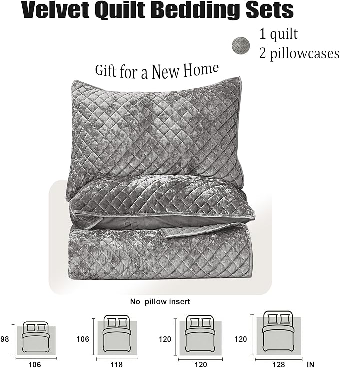 Velvet Quilt Set Oversized King Size 120x128 Luxury Soft Bedspread Coverlet 3-Piece King Comforter Sets with 2 Pillow Shams 20x36 Super Cozy All Seasons Velvet Bedding Set, Gray