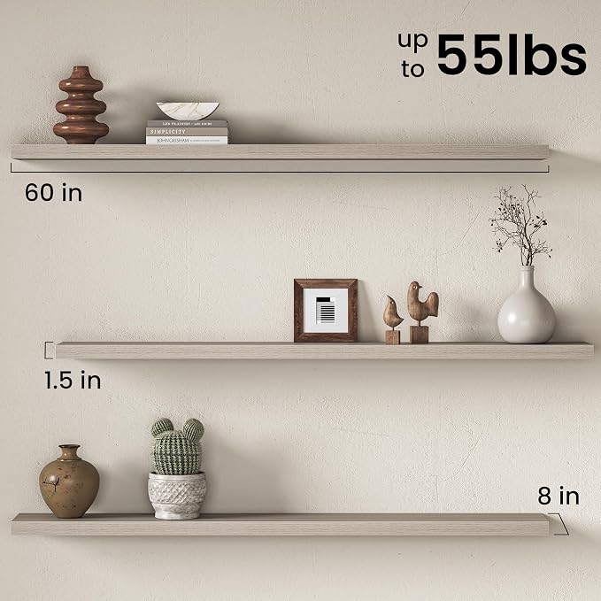 Fun Memories 60Inch Long Floating Shelves, 8 Inch Deep Shelves for Bedroom|Living Room, Wall Mounted Wood Hanging Shelf with Invisible Brackets for Fireplace Mantel Home Storage Decor, Grey - 2 Pack