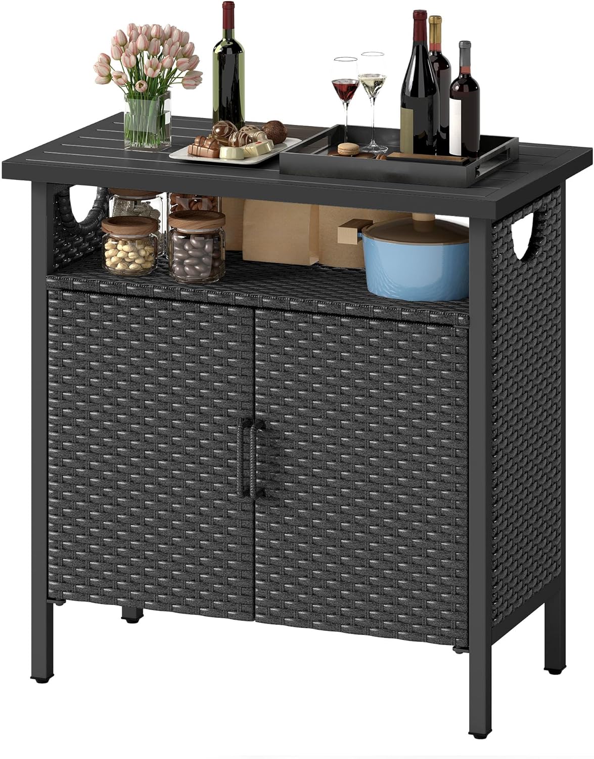 DWVO Patio Storage Cabinet, Outdoor Buffet Cabinet with Two Doors and Shelves, Outdoor Storage Bar Table with PE Rattan for Patio, Backyard, Garden - Black
