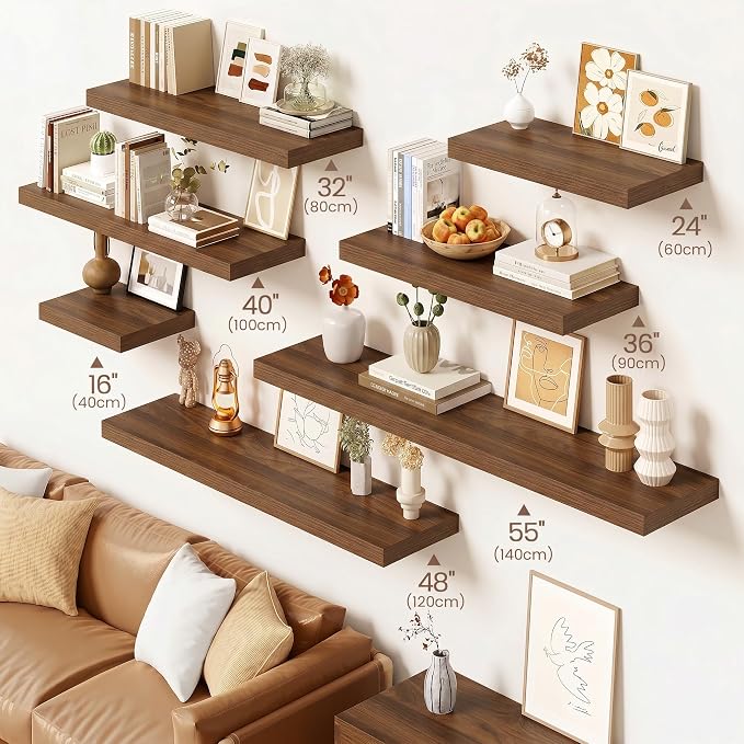 Vivelove Walnut Floating Shelves 32 Inches Long, Wall Display Shelves with Invisible Brackets, for Bathroom Living Room Kitchen Bedroom Office Farmhouse Home Decor, 32x9.3X 1.5 - Set of 2, Walnut