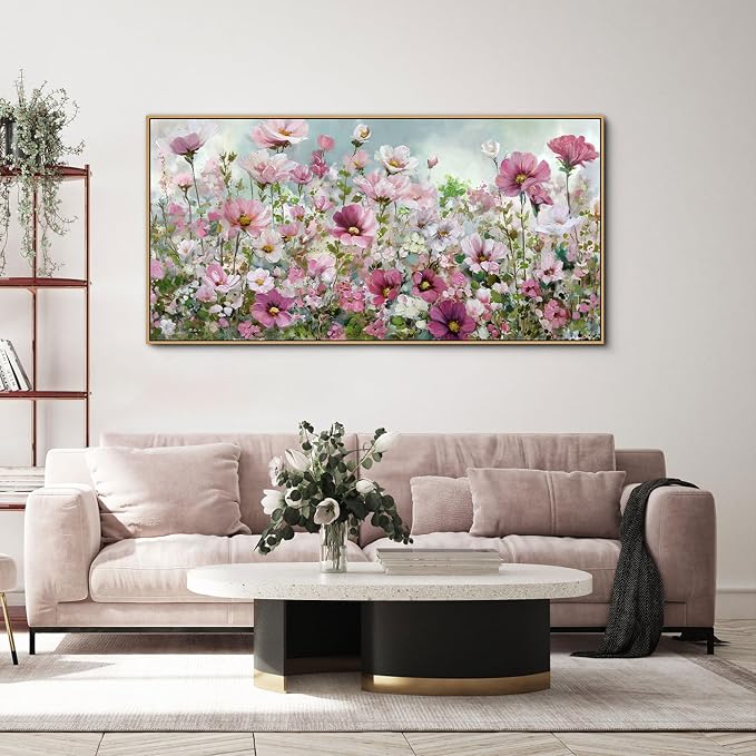 yiijeah Wall Art for Living Room Fower Bedroom Floral Canvas Framed Prints Pictures Colorful Wall Decor Watercolor Large Nature Wildflower Paintings 48x24 Inches