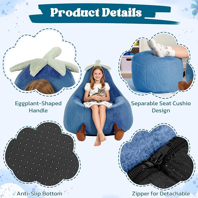 31 Inches Memory Foam Bean Bag Chair - Ultra Soft Faux Rabbit Fur Round Sofa with Handle & Machine Washable Cover, Eggplant-Shaped Kids Reading Chair for Bedroom, Living Room and Playroom, Navy