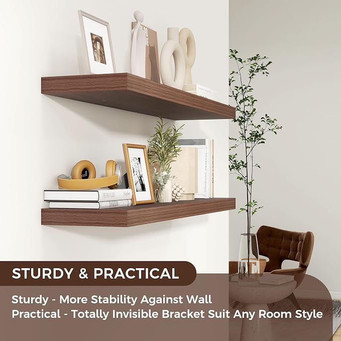 36" Wide x 8" Deep Floating Shelves for Wall, Walnut Finish, 2-Pack | Engineered Wood Wall Shelves with Invisible Brackets for Living Room, Bedroom, Bathroom, Office & Kitchen Storage