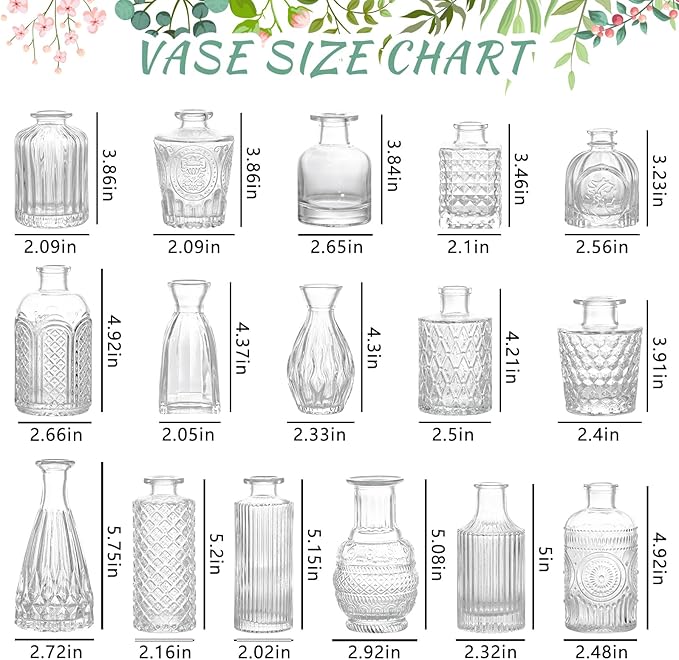 SUPMIND 16pcs Glass Bud Vase Set, Small Clear Flower Vases for Centerpieces in Bulk, Cute Mini Vintage Vase for Wedding, Home Decor, Table Decoration