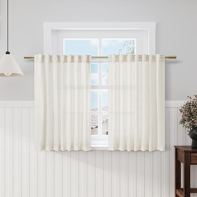 Cream Kitchen Cafe Linen Curtains 49 Inch Length 2 Panel Set Back Tab Pocket Semi Sheer Light Filtering Short Curtain Natural Farmhosue Small Curtains for Basement Window Bathroom Living Room 52x49