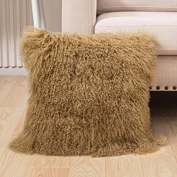 Mongolian Lamb Fur Throw Pillow Cover Real Fur Sheepskin Throw Square Cushion Fluffy Curly Wool Soft for Living Rooms Khaki 20X20in