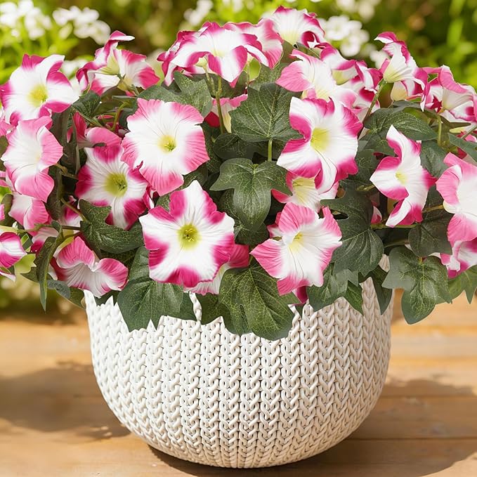 Artificial Flowers for Outdoors, Faux Petunias Spring Summer Decoration, Fake Flowers Plants UV Resistant Look Real Silk Flowers for Outside Planter Front Door Porch Patio Yard (6, Pink-White)