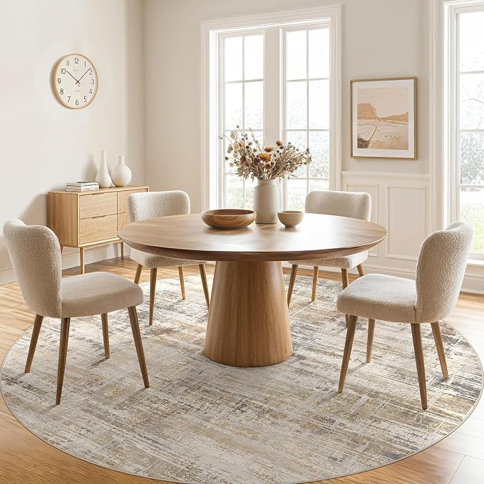 UERMEI 8ft Round Area Rug for Living Room: 8x8 Washable Neutral Abstract Modern Soft Circle Rugs Non Slip Indoor Floor Stain Resistant Carpet for Bedroom Dining Room Office Nursery Golden Brown