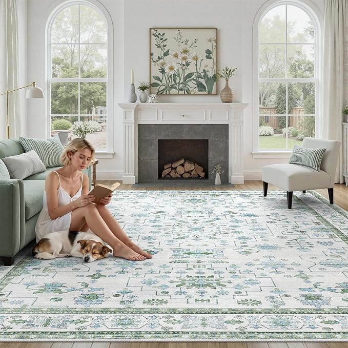 DCX Green 9x12 Rug, Kid & Pet Friendly with Rubber Back Non Slip, Machine Washable Stain Resistant Vintage Boho Floral Rug for Living Room, Bedroom, Soft Low Pile Large Nursery Carpet