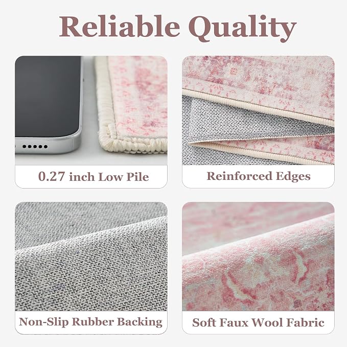 Pink Rug for Living Room 6x9, Aesthetic Distressed Area Rugs for Bedroom Girls Non Slip, Washable Low Pile Thin Carpet Rugs for Nursery Kids Baby Room Dorm, Playroom Rug Dining Room