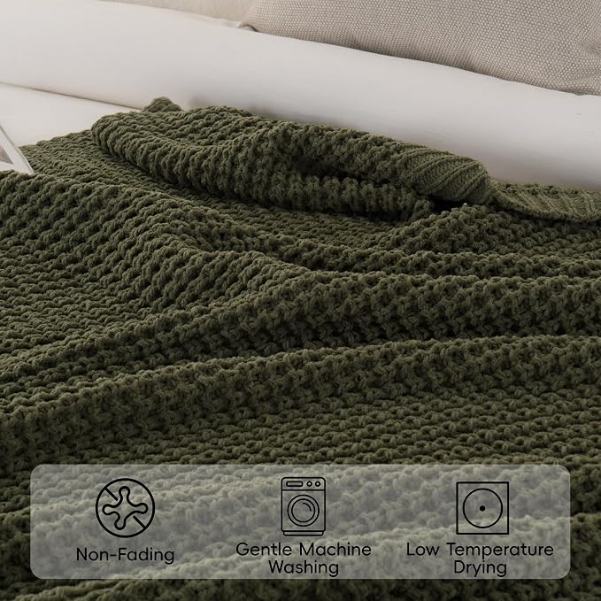 Bunnikins & Clover Olive Green Throw Blanket for Couch, Waffle Knit Blanket Throw, Super Soft Warm Dark Green Throw Blanket for Home Decor,Sofa and Living Room, 50"x60"