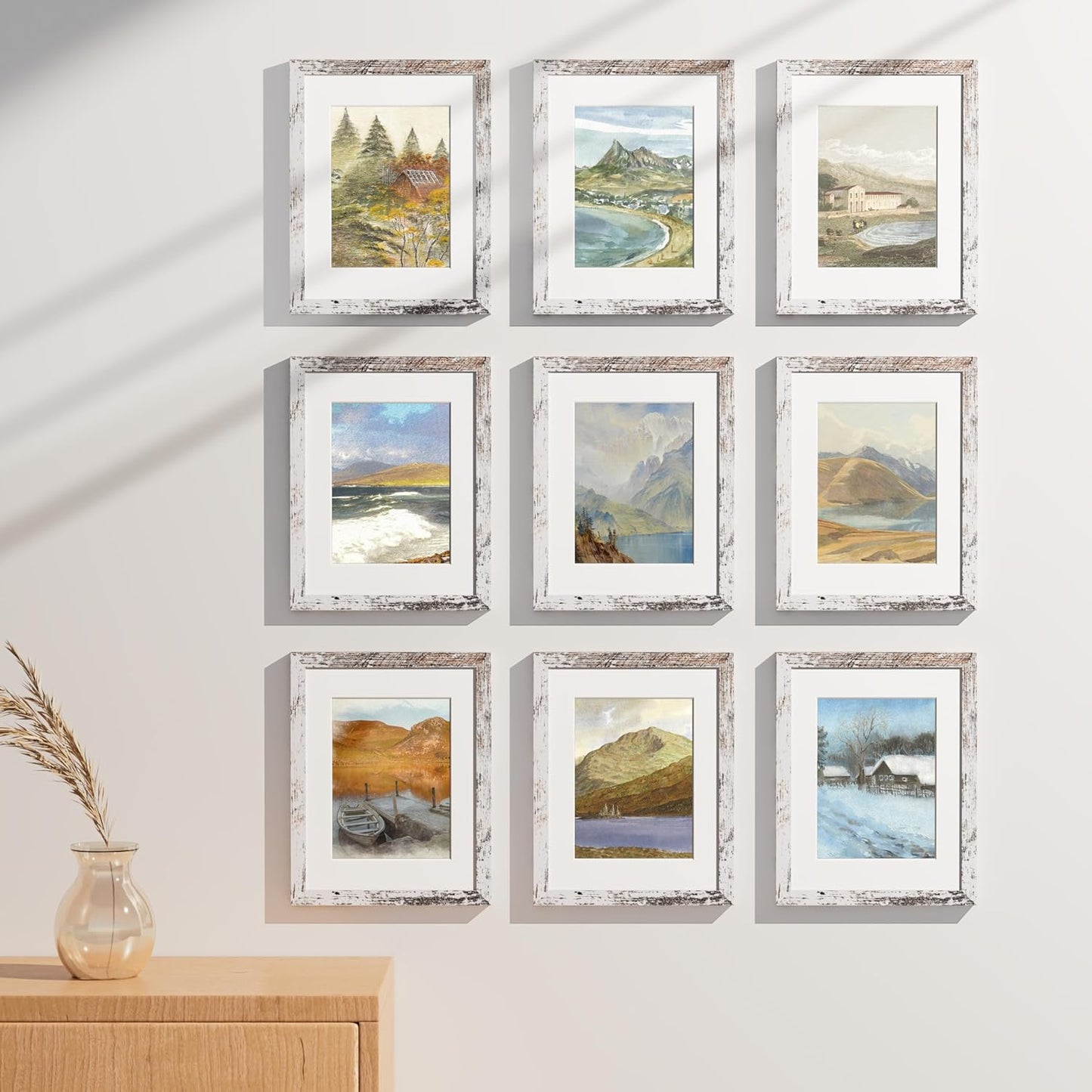 Vittanly 8.5x11 Picture Frames Set of 9, Shatter Resistant Plexiglass, Display 6x8 Pictures with Mat or 8.5x11 without Mat, Photo Frames for Wall or Tabletop, Engineered Wood, Distressed White