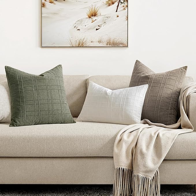 MIULEE Decorative Linen Check Throw Pillow Covers Neutral Farmhouse Vintage Spring Pillow Covers 20x20 Set of 2 Boho Modern Home Decor for Sofa Couch Bedroom Cushion Olive Green