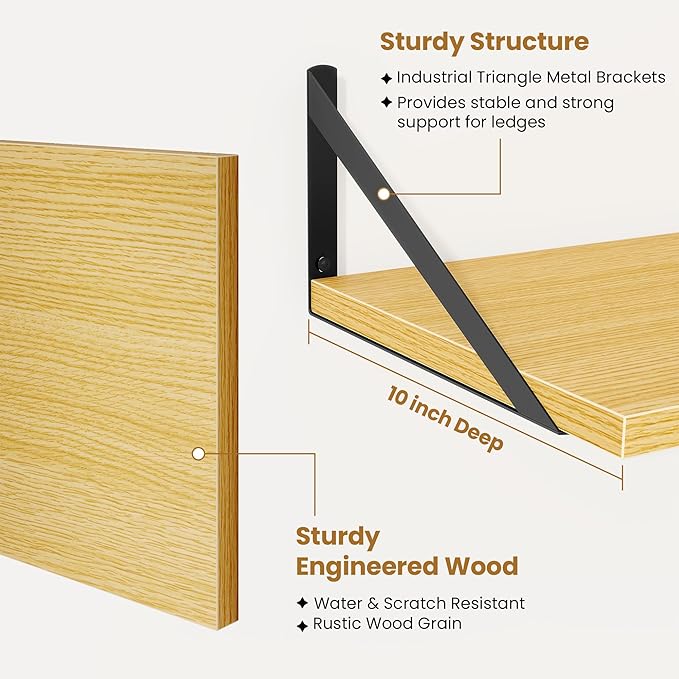 Acovy Floating Shelves for Wall,18" Wall Mounted Shelves Set of 2,Wood Floating Shelf with Bracket,Sturdy Metal Bracket Bookshelves Home Decor Storage for Living Room,Bedroom,Bathroom,Kitchen,Oak