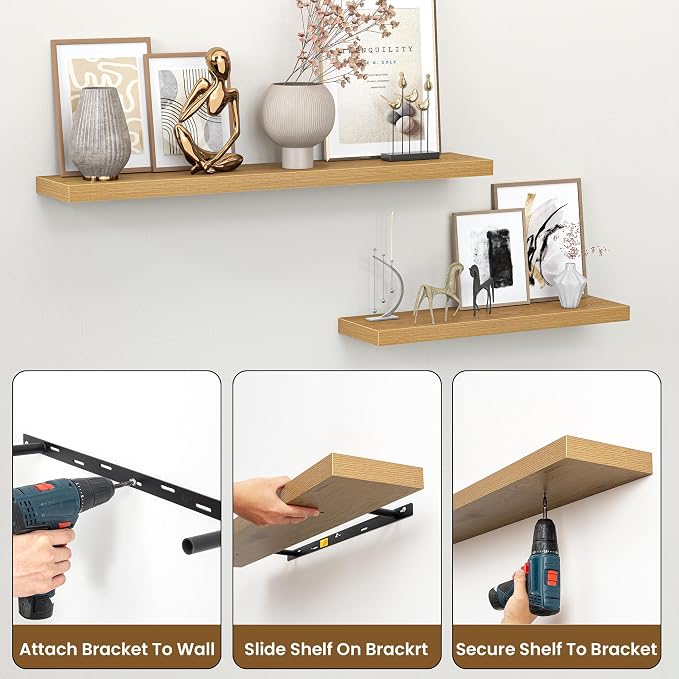 Heimlove 36 Inch Floating Shelves for Wall,Mounted Storage & Display Wood Shelves with Invisible Brackets,Hanging Shelf for Bedroom Living Room Kitchen Office,Set of 2,Oak Color
