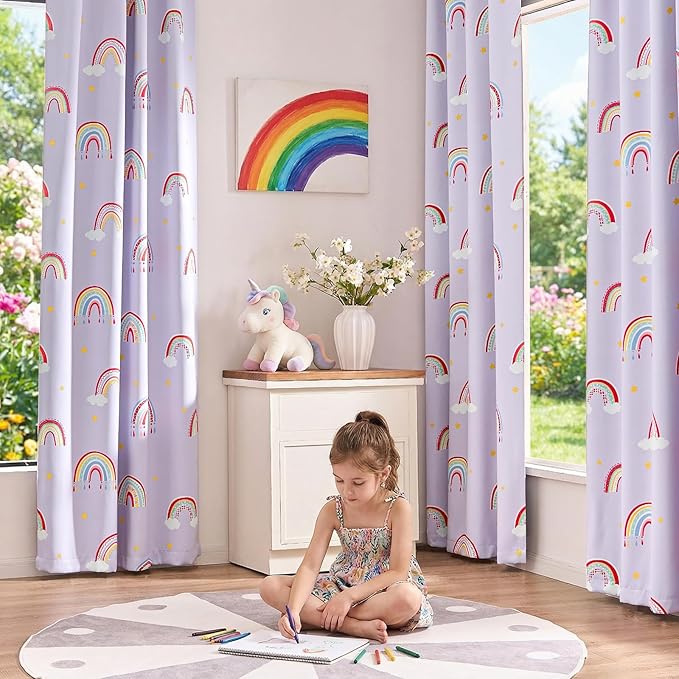 Vangao Blackout Curtains for Kids Bedroom Rainbow Purple Nursery Curtains 84 Inch Length Drapes for Teen Girls Thermal Insulated Room Darkening Boho Light Blocking for Living Room Set of 2