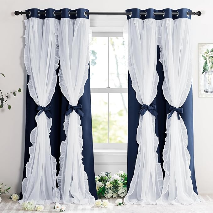 PONY DANCE Blackout Curtains for Living Room Decor Window Treatment Double Layer Drapes Ruffle Sheer Overlay Farmhouse Rustic Design, W 52 x L 84 Inches, Navy Blue, 2 Panels