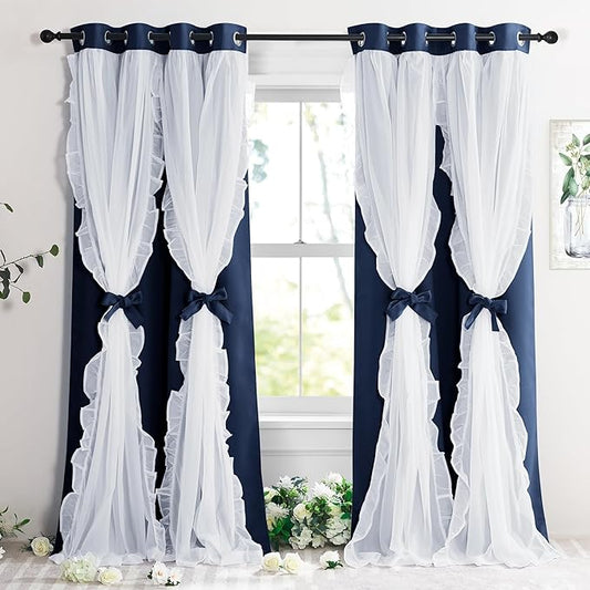 PONY DANCE Blackout Curtains for Living Room Decor Window Treatment Double Layer Drapes Ruffle Sheer Overlay Farmhouse Rustic Design, W 52 x L 84 Inches, Navy Blue, 2 Panels