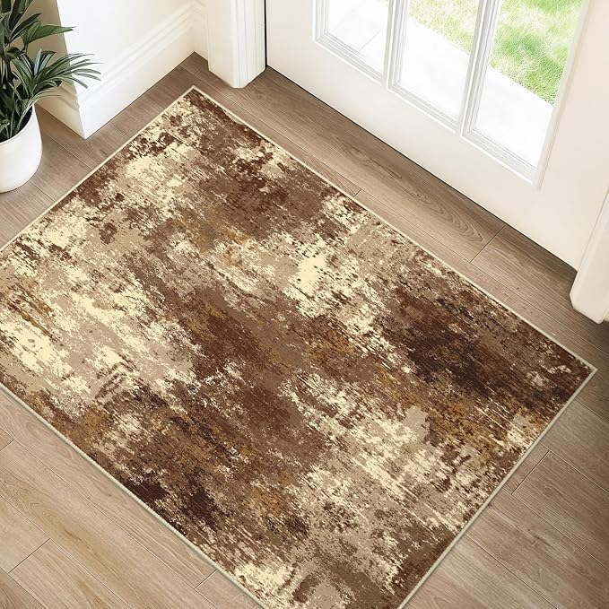 RELEANY Washable Area Rugs 2'x3' Non-Slip Modern Abstract Soft for Living Room Entryway Bedroom Nursery, Print Pattern, Brown Tan Beige Coffee