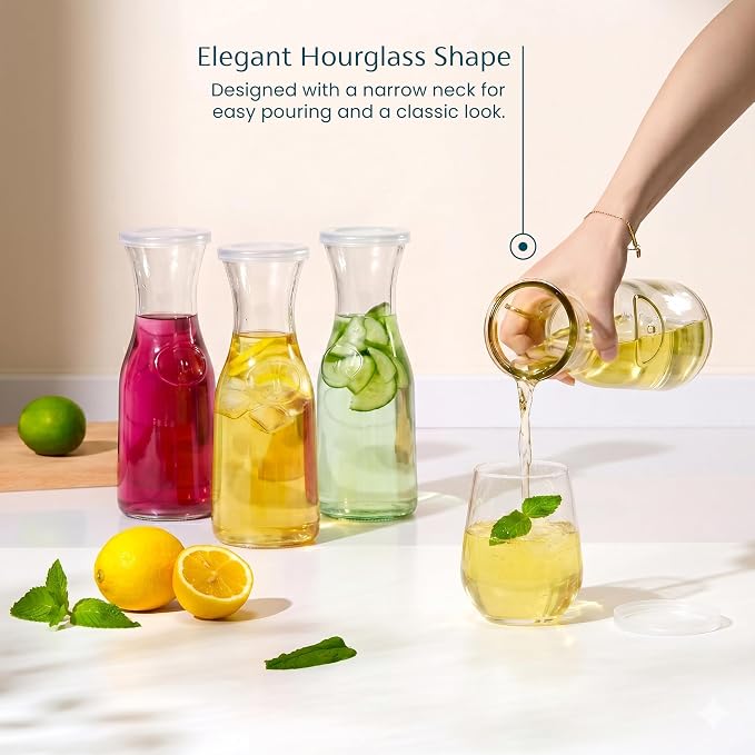 Kook Mini Glass Carafes with Lids, Small Beverage Pitchers for Fridge, Jugs for Water, Wine, Milk, Juice, 24 oz, Set of 4