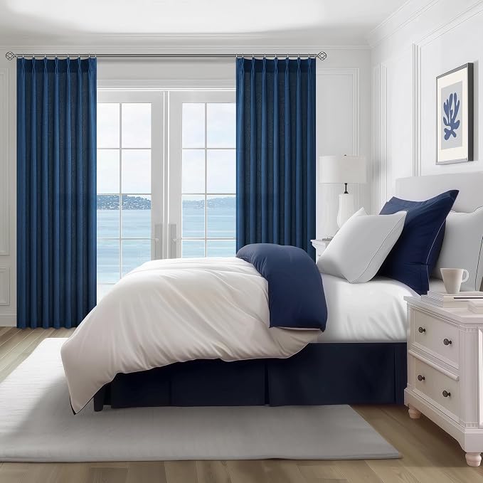 Pleat Sheer Denim Blue Curtains 84 Inch Length 2 Panels Set for Living Room, Elegant Pinch Pleated Textured Linen Drapes Light Filtering Boys Kids Room Window Burg with Hooks(40 x 84 Inches Navy Blue)