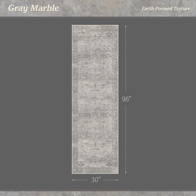 TALANOVA Washable 2'6"x8' Hallway Runner Rug, Non Slip Low Pile Floor Runner for Kitchen, Living Room & Laundry Room, Mineral-Inspired Marble Pattern Neutral Gray Décor