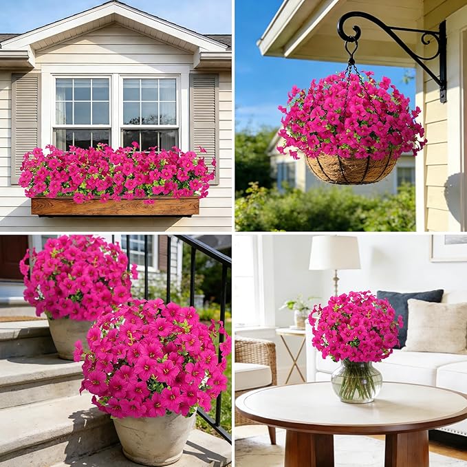 20 Bundles Artificial Petunias Flowers for Outdoors, Faux Silk Flowers UV Resistant Realistic Fake Plants for Outside Planters Porch Patio Yard Garden Spring Summer Home Decor, Fuchsia