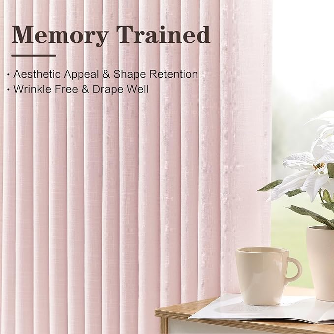Light Pink Pinch Pleated Linen Curtains 84 Inches Long for Baby Girls Bedroom, Light Filtering Pleat Drapes Textured Thick Memory Trained Semi-Sheer Curtain with Hooks for Nursery, 2 Panels, Blush