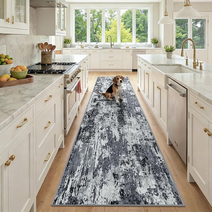 RELEANY Washable Area Rugs 2'6''x10 Non-Slip Modern Abstract Soft for Living Room Entryway Bedroom Nursery, Print Pattern, Black Navy Blue Gray