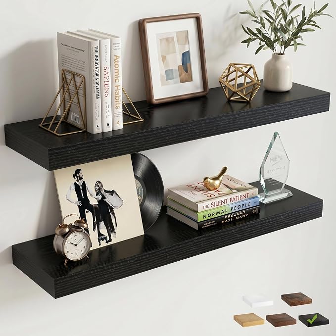 32 Inch Floating Shelves for Wall, 8"D Wood Storage Shelves, Black Finish | Engineered Wood, Invisible Bracket, Large Storage, Easy Install, Hold Up to 55lbs, Living Room, Bathroom, Bedroom, Kitchen