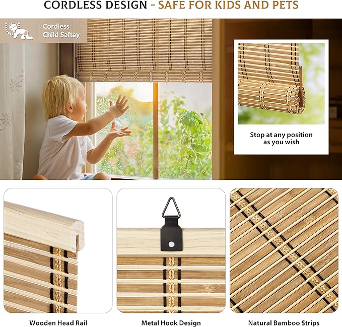 LazBlinds Cordless Bamboo Blinds, 32"x48", Natural | Bamboo Roll Up Shades for Windows, Light Filtering Hanging Window Blinds, Bamboo Shades for Patio Indoor/Outdoor Porch