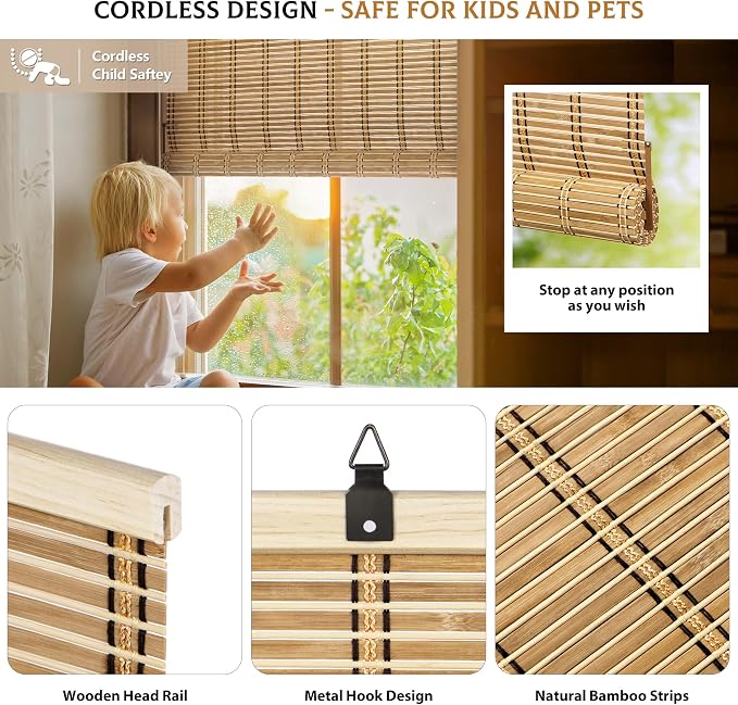 LazBlinds Cordless Bamboo Blinds, 29"x48", Natural | Bamboo Roll Up Shades for Windows, Light Filtering Hanging Window Blinds, Bamboo Shades for Patio Indoor/Outdoor Porch